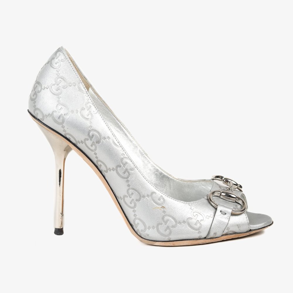 Gucci Guccisimma Silver Horsebit Metal Heel Open-Toe Pump, Size 7.5